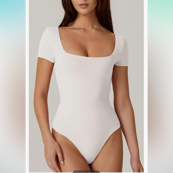 NWT QINSEN Square Neck Short Sleeve Double-Layer Bodysuit Fashion T-Shirt Tops - Picture 3 of 7